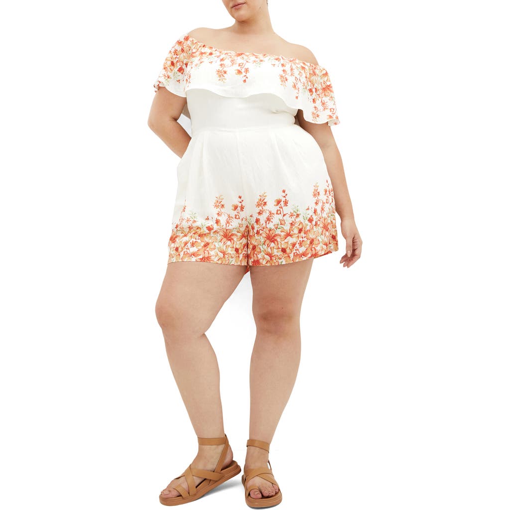 City Chic Poppy Print Off The Shoulder Jumpsuit In Peach Pop Border