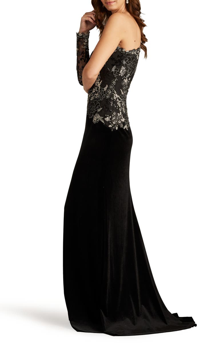 Tadashi Shoji One-Shoulder Sequin Lace & Velvet Gown, Alternate, color,