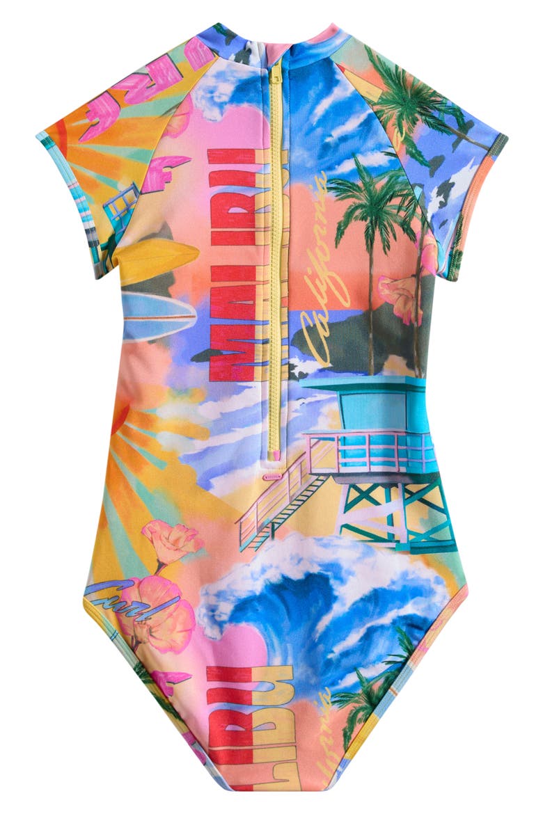 Kids' Malibu Surf Short Sleeve One-Piece Rashguard Swimsuit, Alternate, color, ORANGE MULTI