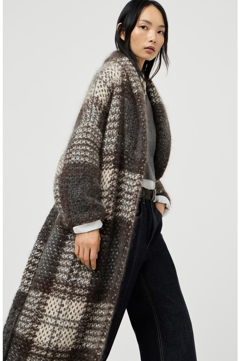 Dazzling tartan double knit coat in mohair, virgin wool and cashmere, Alternate, color, Anthracite