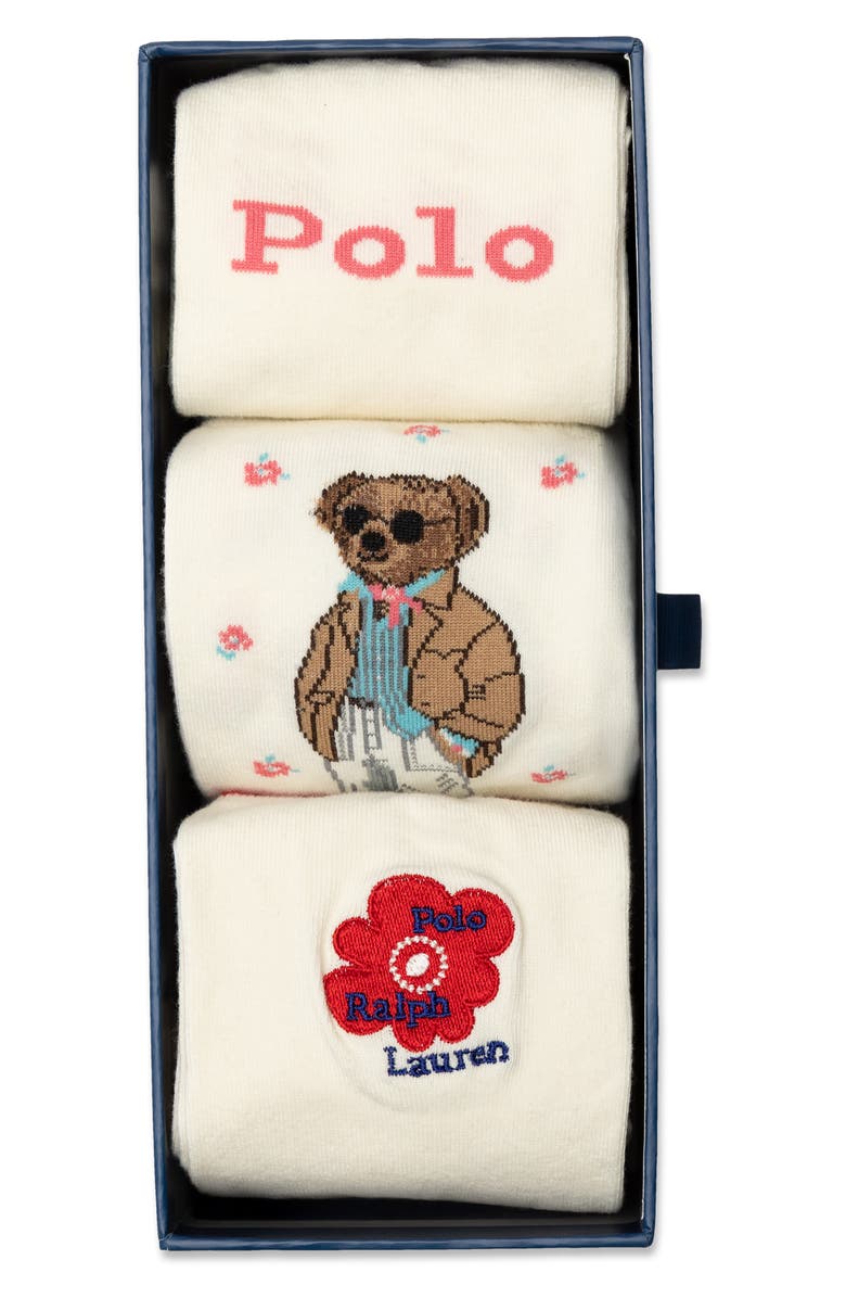 Polo Ralph Lauren Assorted 3-Pack Floral Bear Cotton Blend Crew Socks Gift Box, Alternate, color, Ivory