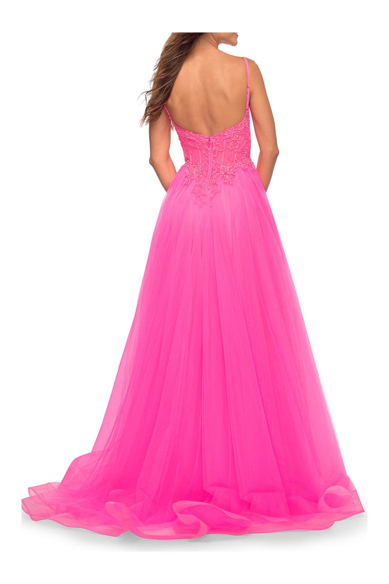 Neon Pink Tulle and Lace Ballgown with Illusion Bodice, Alternate, color, Neon Pink