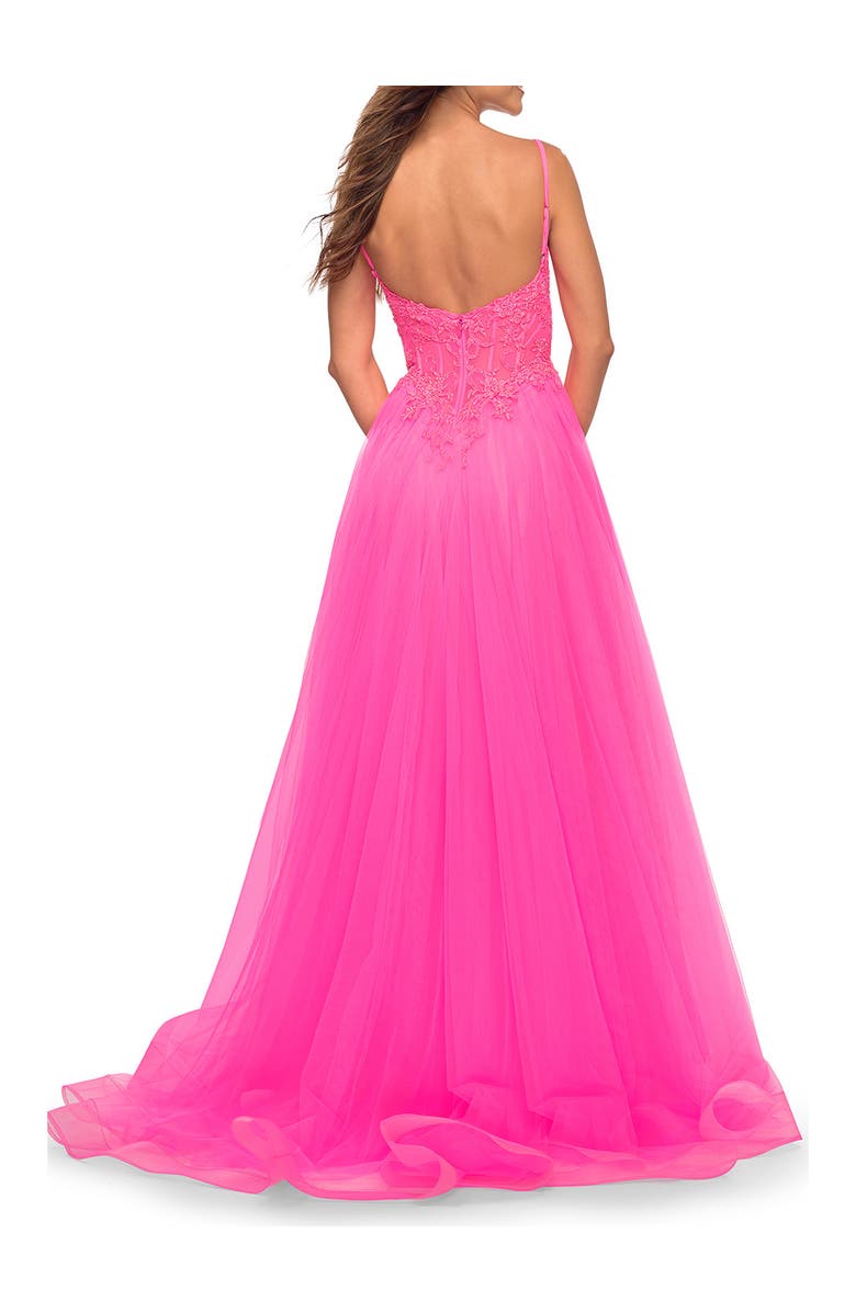 La Femme Neon Pink Tulle and Lace Ballgown with Illusion Bodice, Alternate, color, Neon Pink