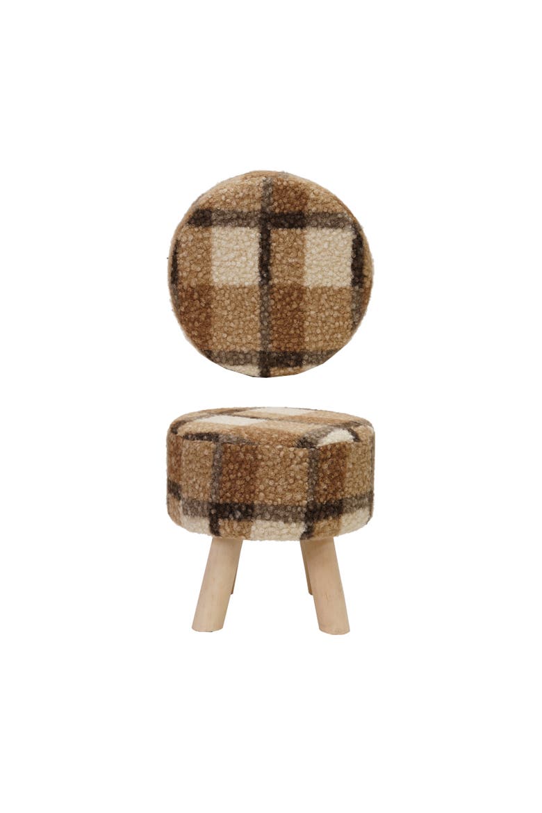 Faux Shearling Upholstered Stool with Pine Wood Feet, Multicolor Plaid, Main, color, Multicolor