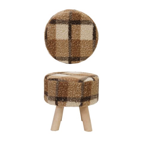 Faux Shearling Upholstered Stool with Pine Wood Feet, Multicolor Plaid