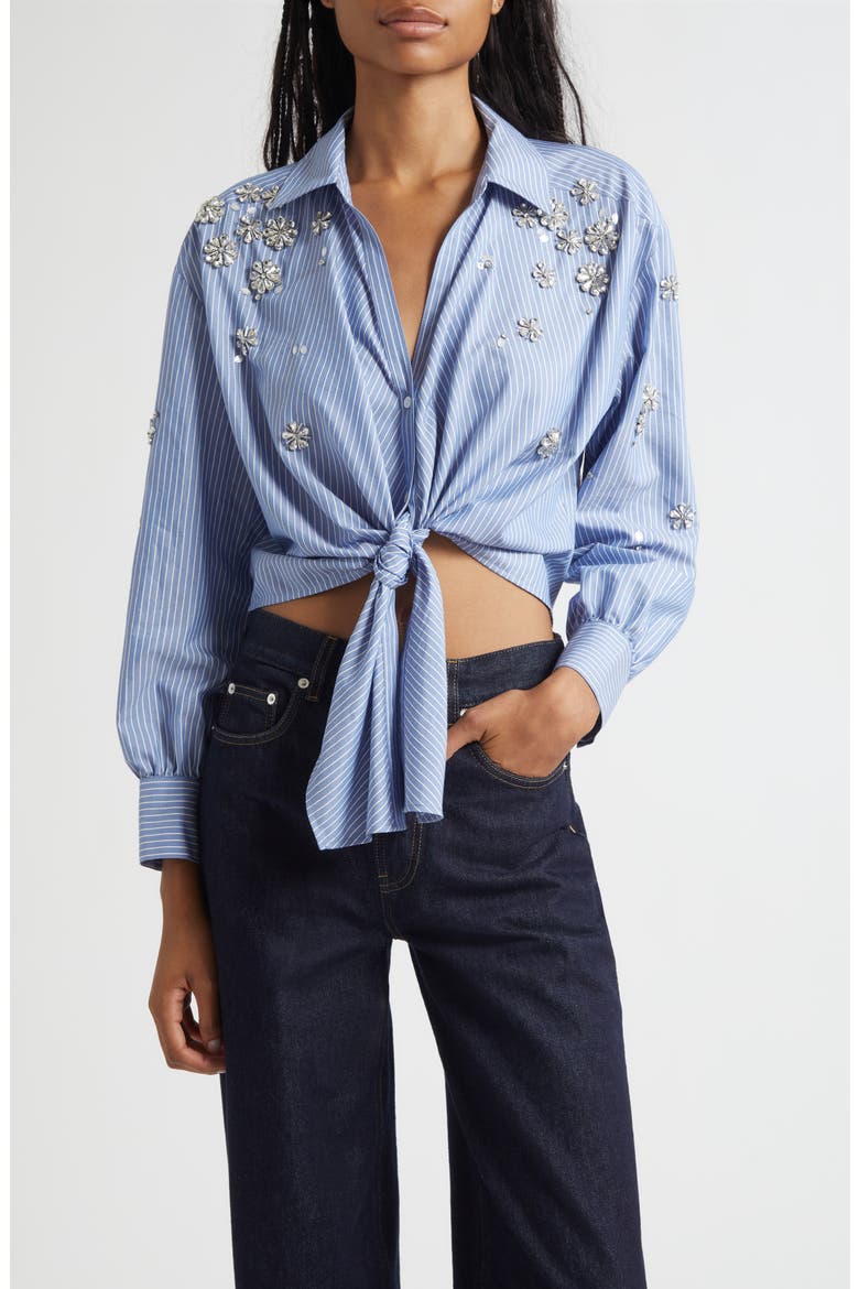 Lola Stripe Rhinestone Embellished Tie Front Button-Up Shirt, Main, color, BLUE MULTI
