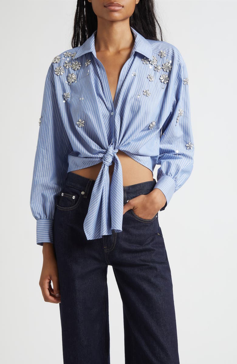Cinq à Sept Lola Stripe Rhinestone Embellished Tie Front Button-Up Shirt, Main, color, Blue Multi