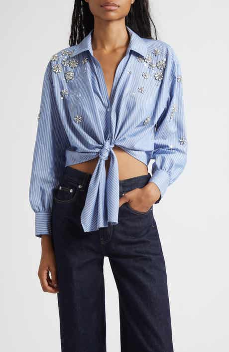 Lola Stripe Rhinestone Embellished Tie Front Button-Up Shirt