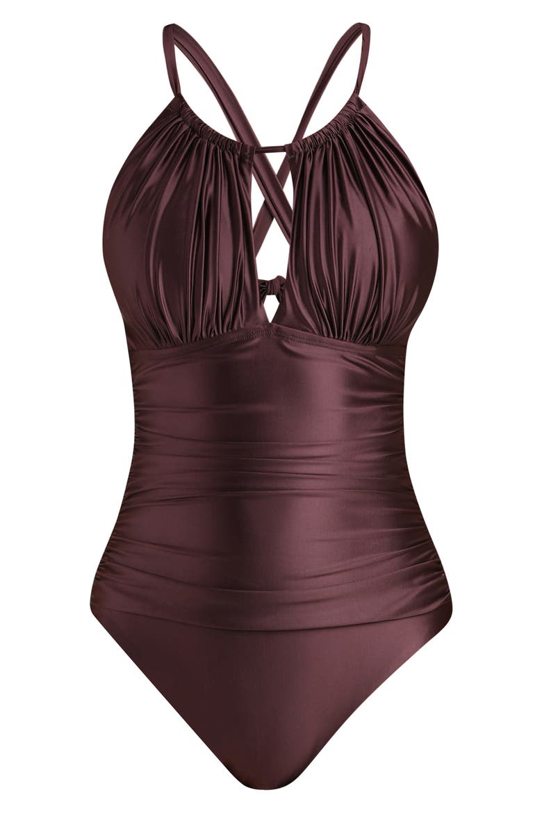 Earth High Neck One-Piece Swimsuit, Alternate, color, TRUFFLE