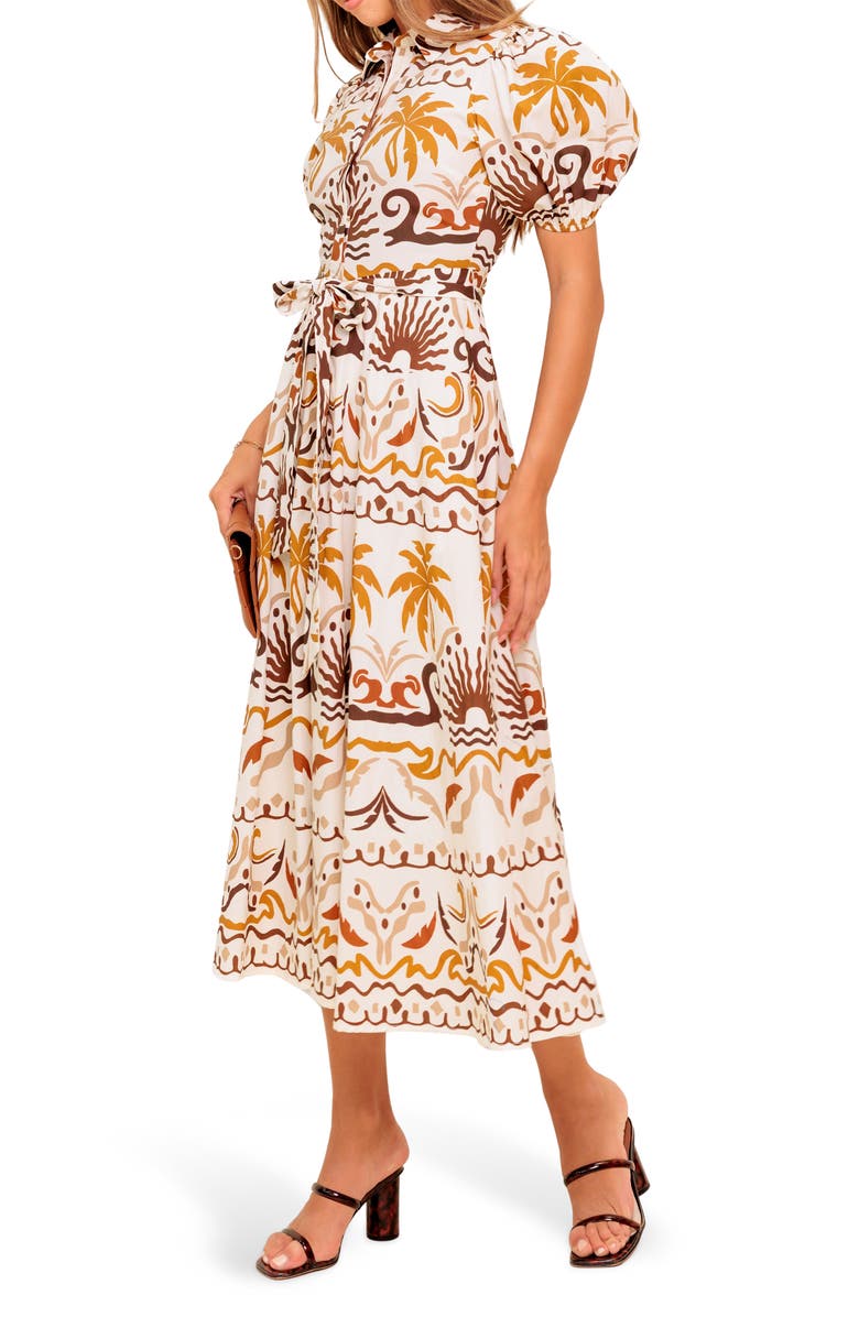 FLYING TOMATO Tropical Print Midi Dress, Alternate, color, Ivory Brown