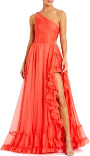 Mac Duggal One Shoulder Asymmetrical Ruffle Chiffon Gown