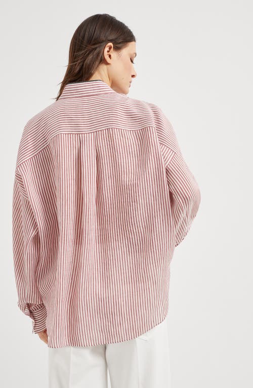 Brunello Cucinelli Stripe Button Down Linen Shirt With Piping Collar In Bordeaux