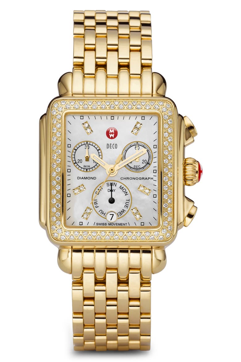 Deco Diamond Chronograph Watch Head & Bracelet, 33mm, Main, color, GOLD/ MOP