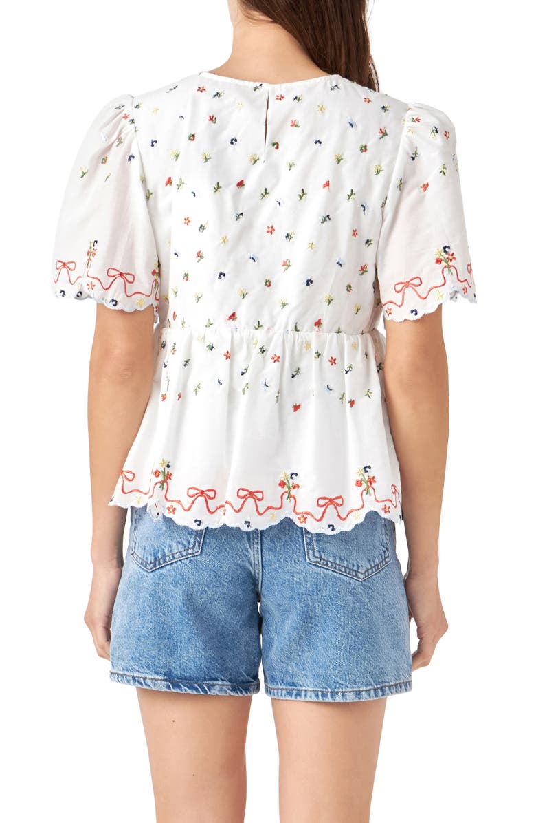 English Factory Floral Embroidered Scallop Top, Alternate, color, White