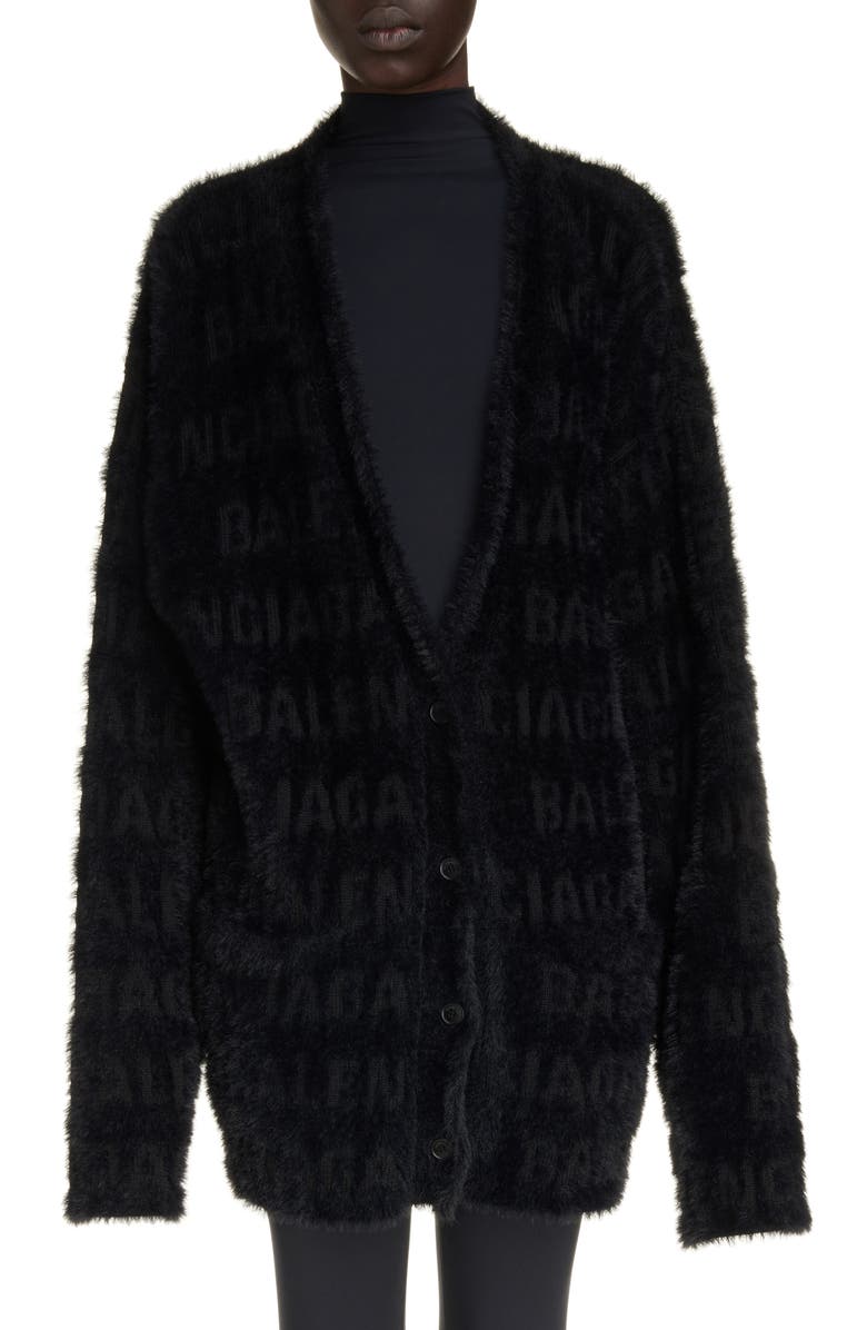 Balenciaga Oversize Furry Logo Jacquard Wool Blend Cardigan, Main, color, 