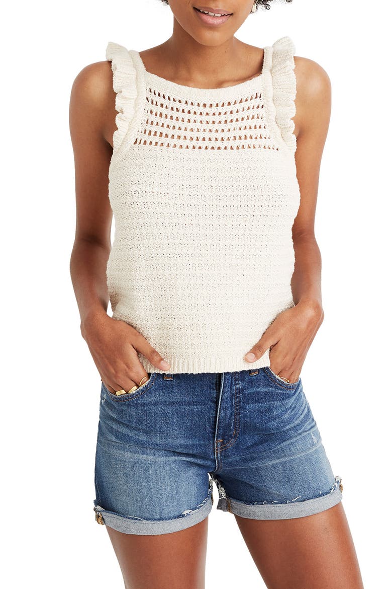 Ruffle Crochet Sweater Tank, Main, color, MARLED VANILLA