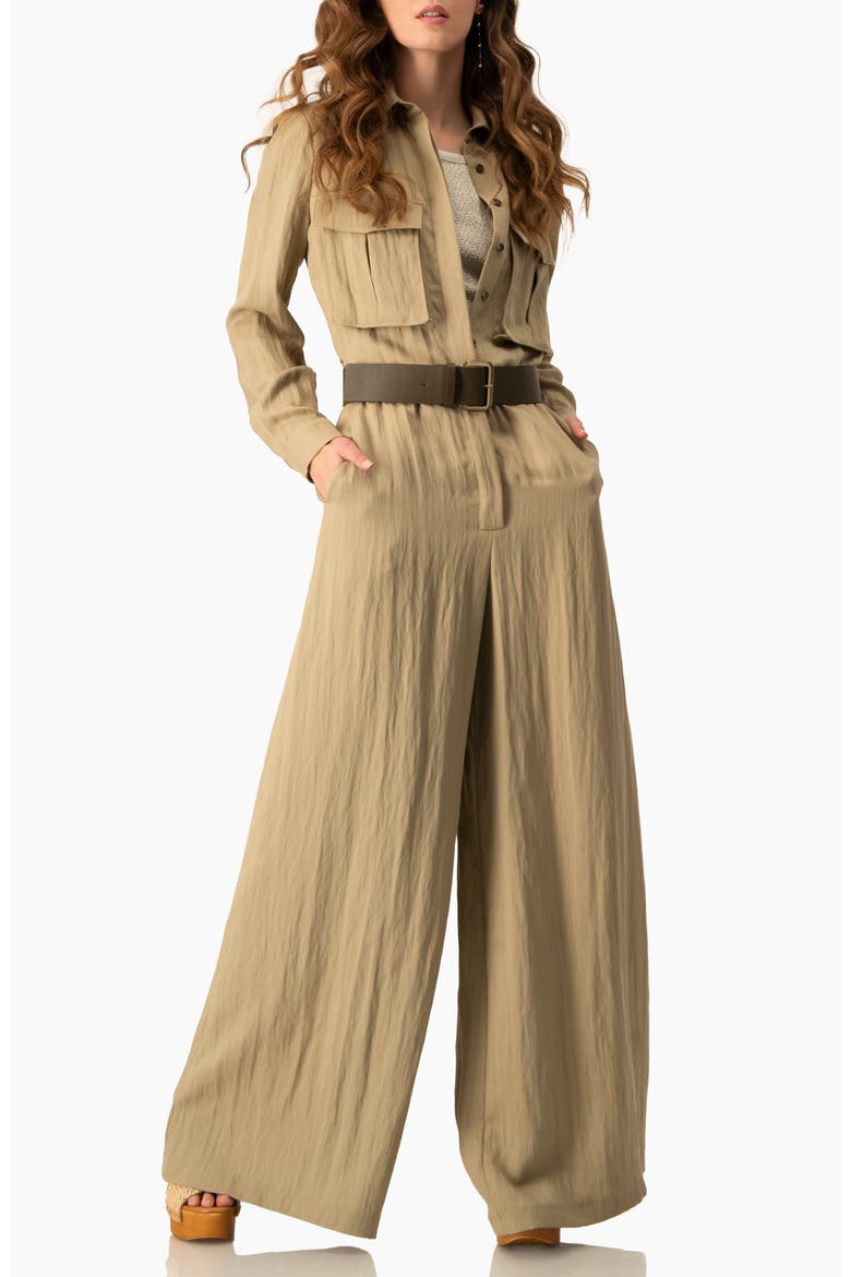Long Sleeve Button-Front Safari Utility Wide-Leg Jumpsuit, Alternate, color, Olive Green