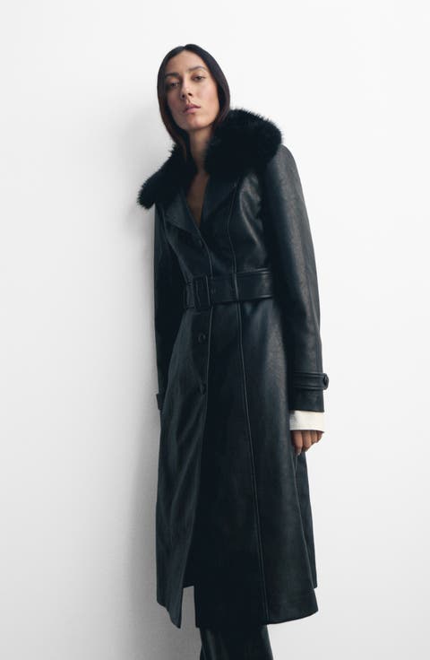 Fernanda Faux Leather Belted Coat with Removable Faux Fur Trim