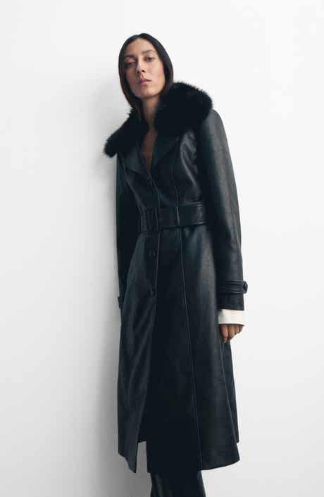 MANGO Fernanda Faux Leather Belted Coat with Removable Faux Fur Trim