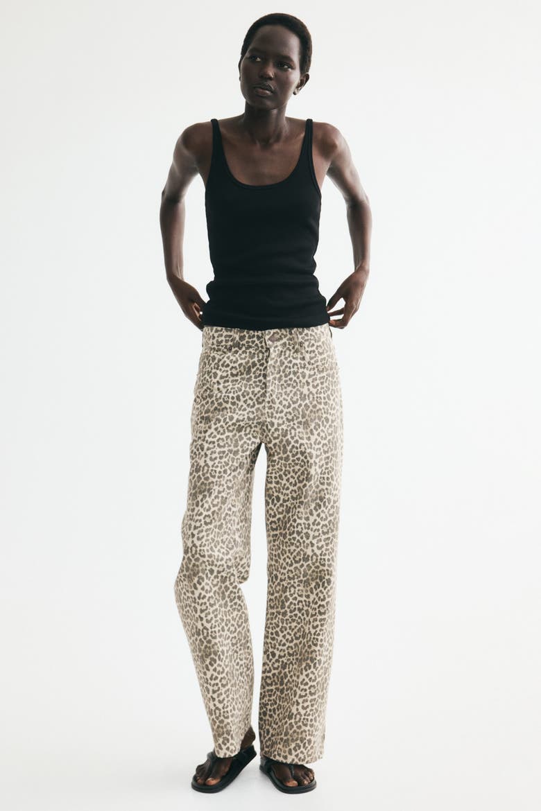 Wide-leg Regular Waist Jeans, Main, color, Light beige/leopard print