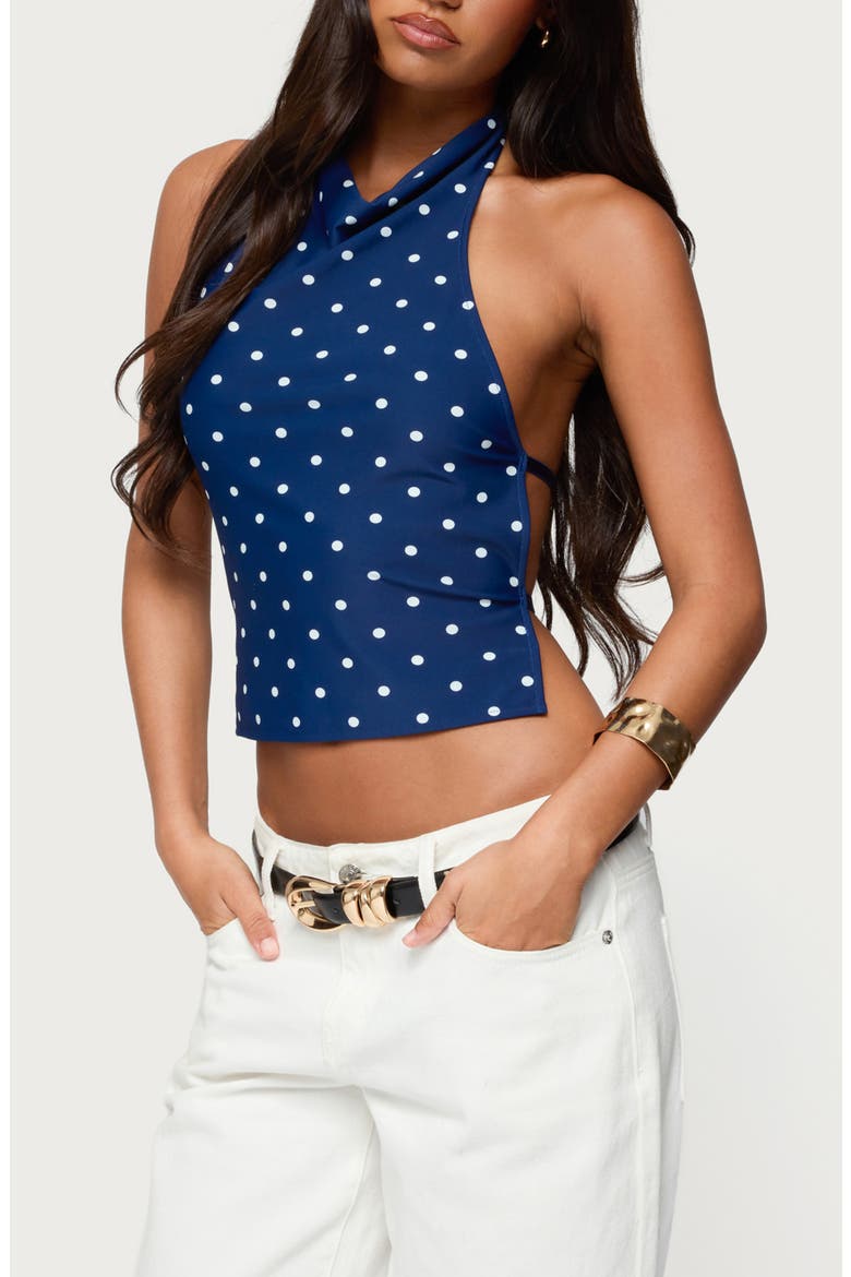 Raiya Polka Dot Open Back Halter Top, Main, color, NAVY