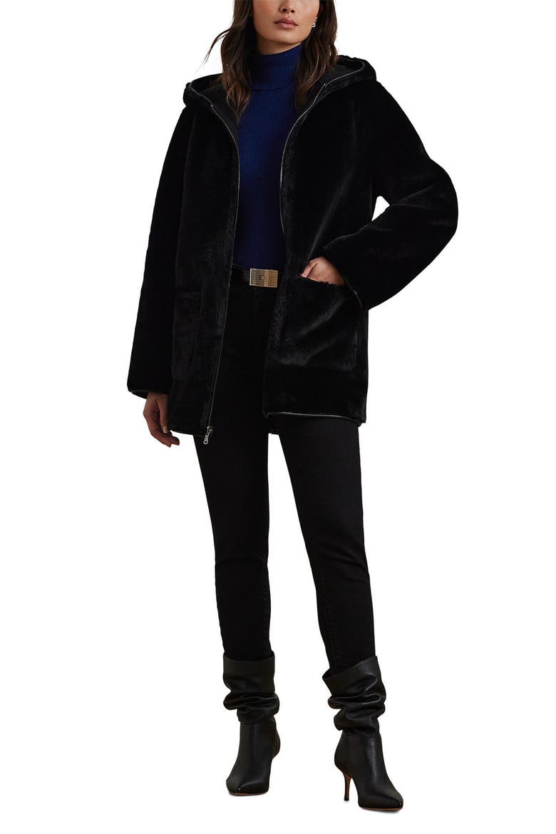 Reversible Hooded Faux Fur Coat, Alternate, color, BLACK
