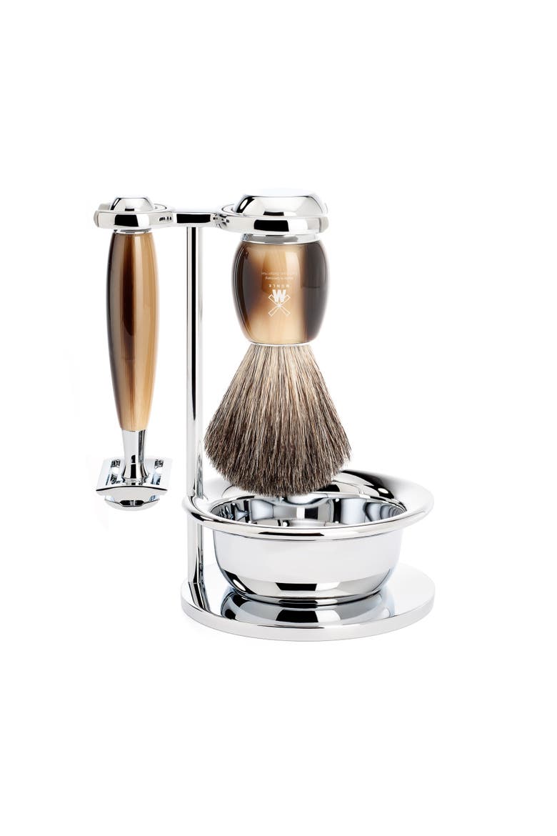 Vivo Brown Horn 4-Piece Pure Badger & Safety Razor Shaving Set, Main, color, Brown Horn