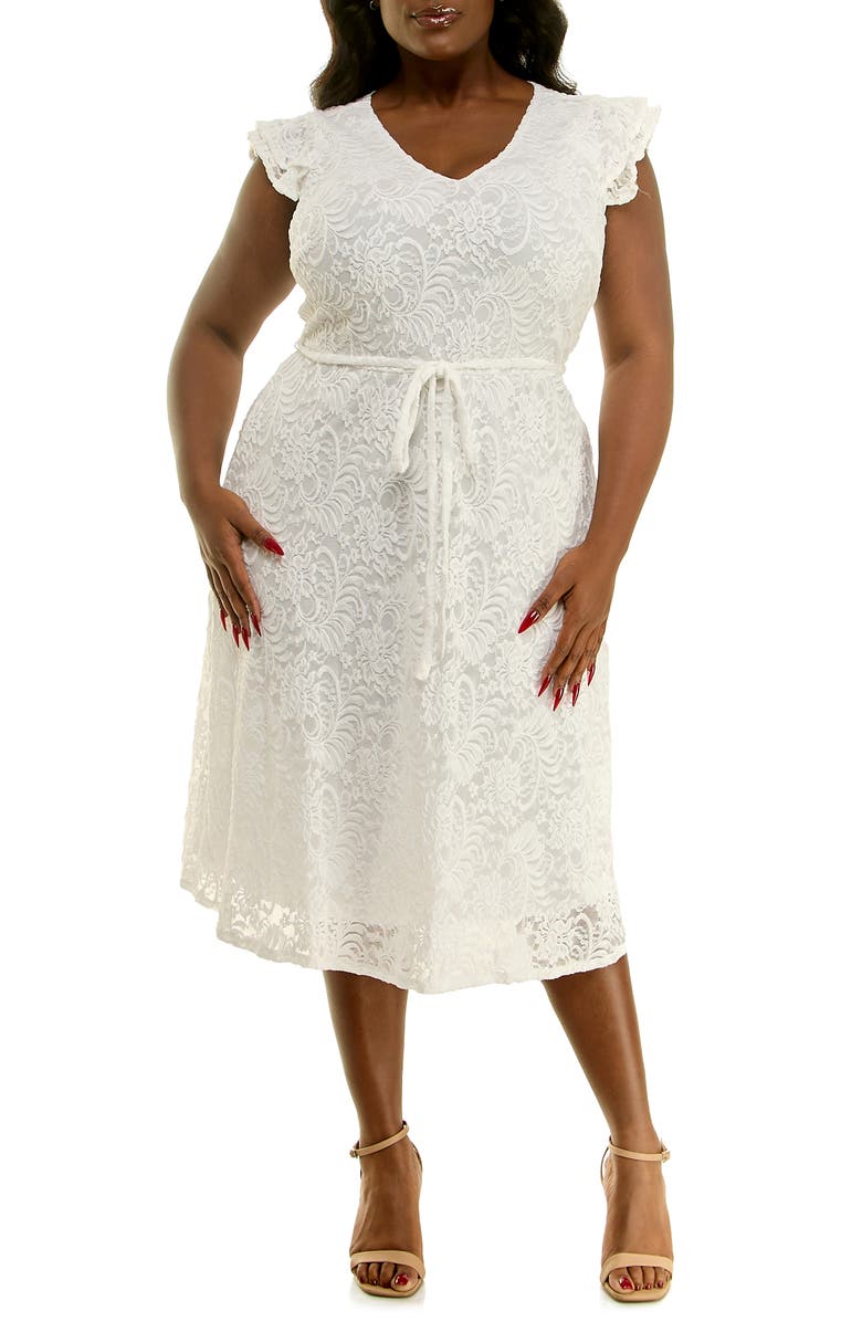 Nina Leonard Fit and Flare Lace Dress, Main, color, White