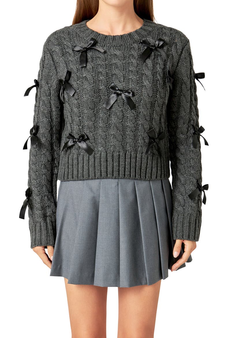 Bow Accent Cable Crewneck Sweater, Main, color, CHARCOAL