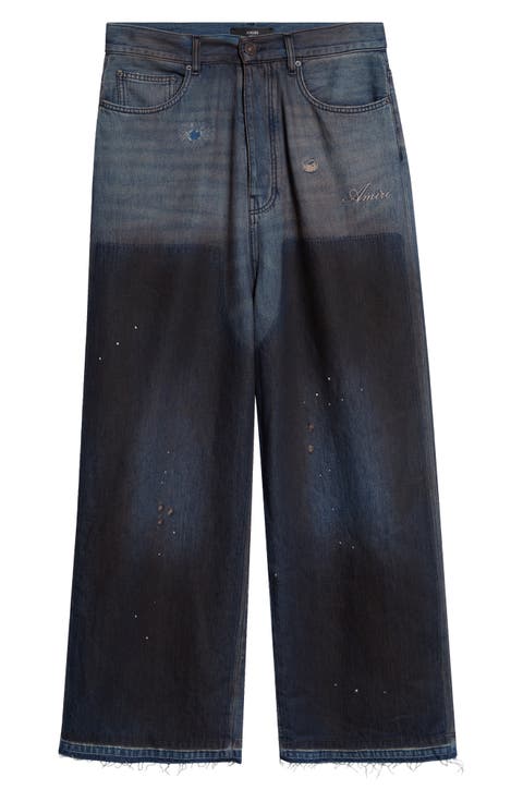 Faded Fray Hem Wide Leg Carpenter Jeans