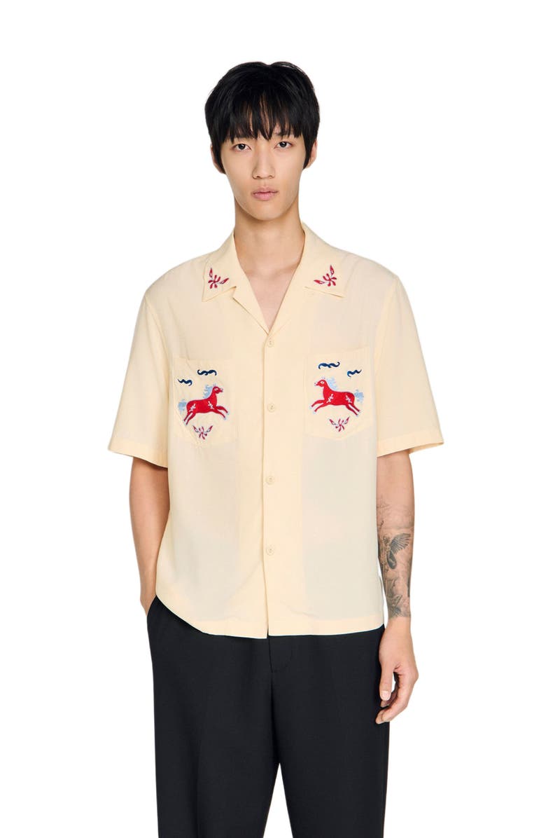 SANDRO Embroidered horse loose-fit shirt, Alternate, color, Butter Cream