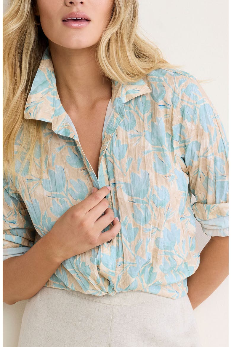 Shadow Floral Core Crinkle Cotton Button-Up Shirt, Alternate, color, AQUA MULTI