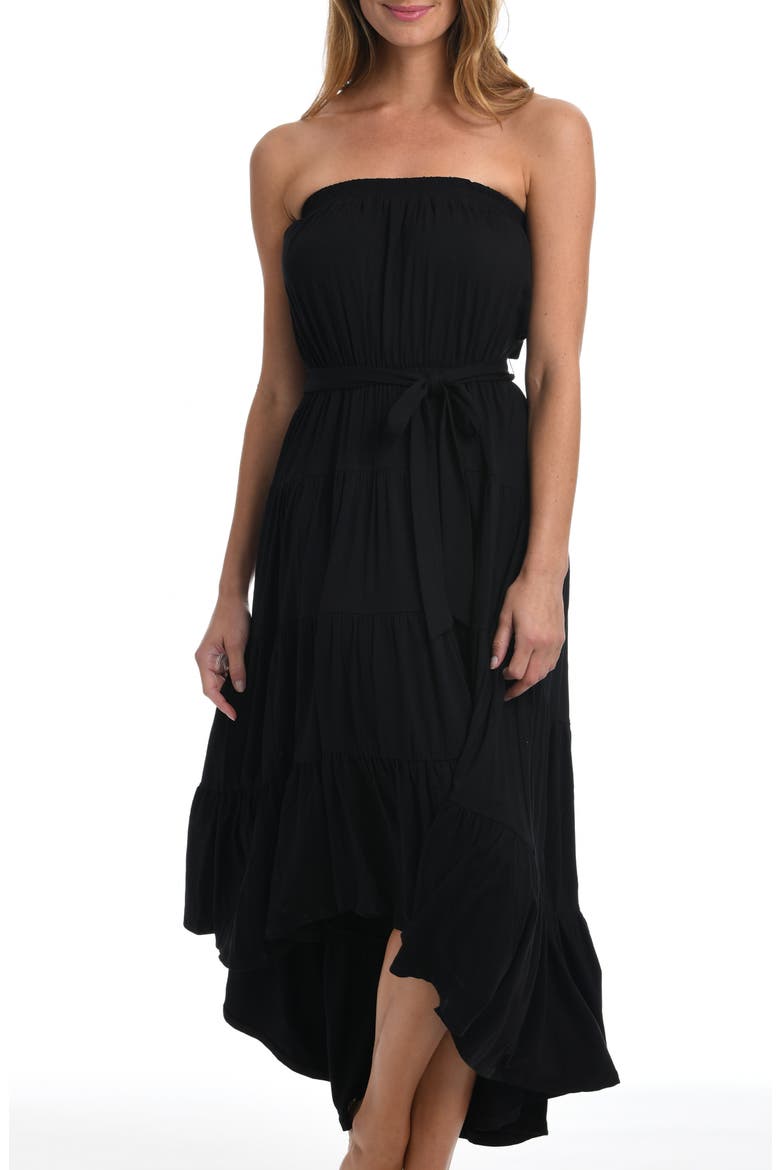 Draped Strapless Tie Waist Cover-Up Dress, Main, color, BLACK