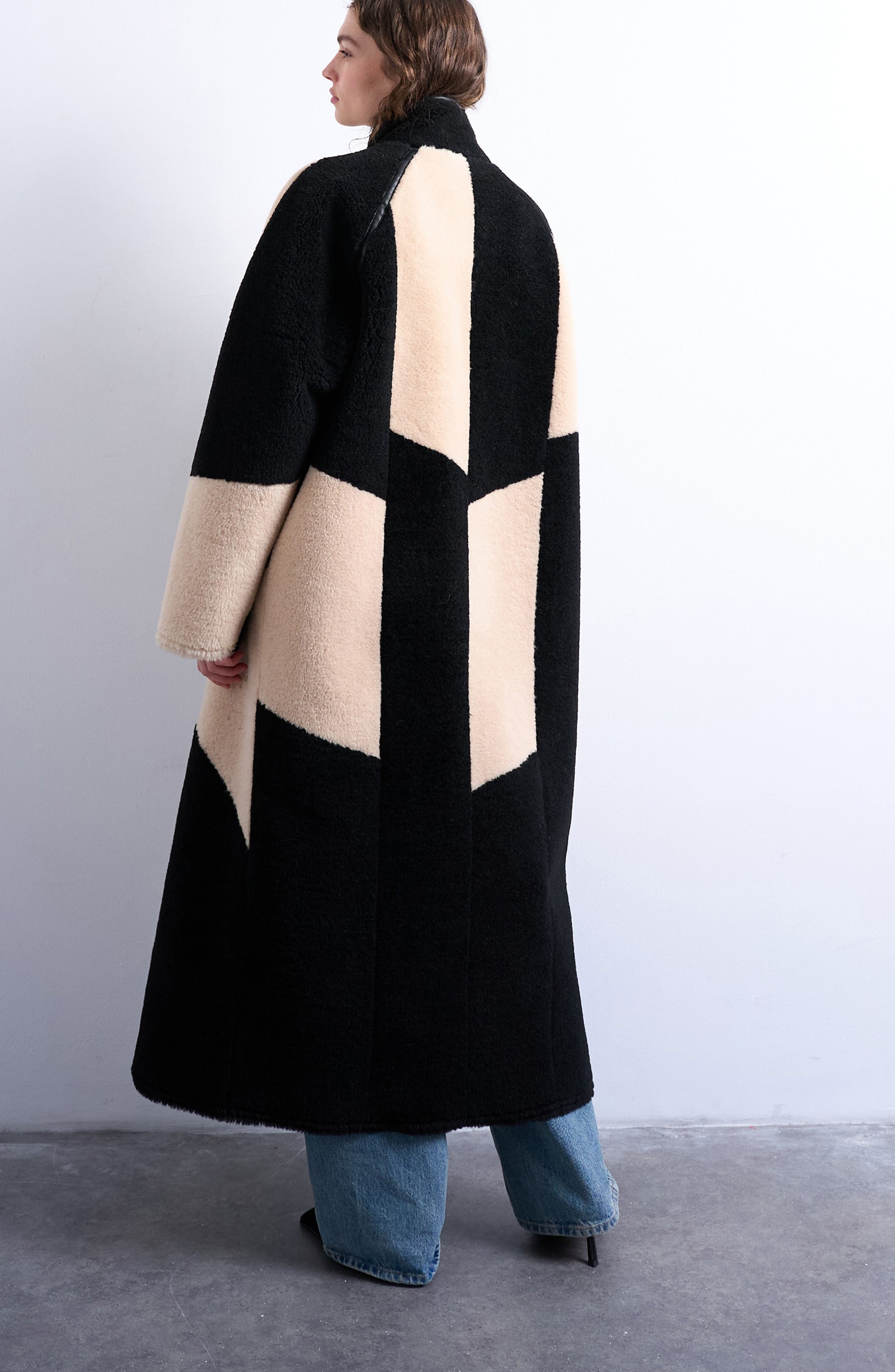 Patchwork Colorblock Faux Shearling Longline Coat - image 2