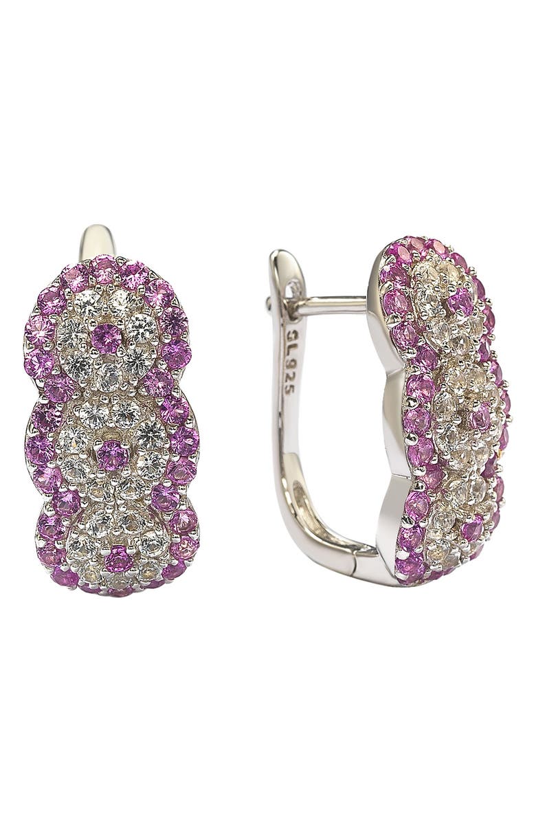 SUZY LEVIAN Sterling Silver White & Pink Sapphire Leverback Huggie Earrings, Main, color,