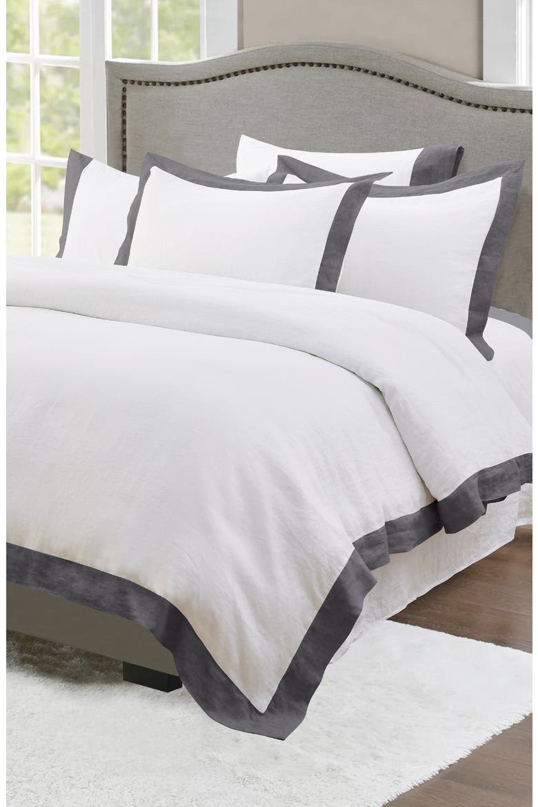 Linen Border Duvet 3-Piece Set, Alternate, color, DARK GREY