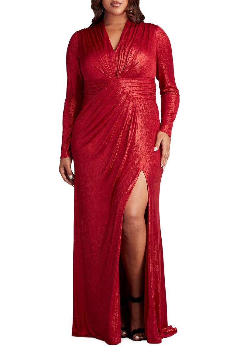 Metallic Long Sleeve Gown, Main, color, DEEP RED