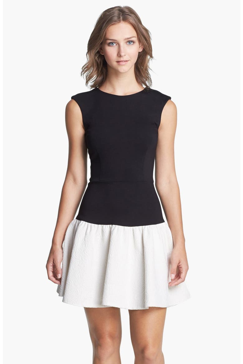 Drop Waist Ponte & Jacquard Dress, Main, color, BLACK/ WHITE
