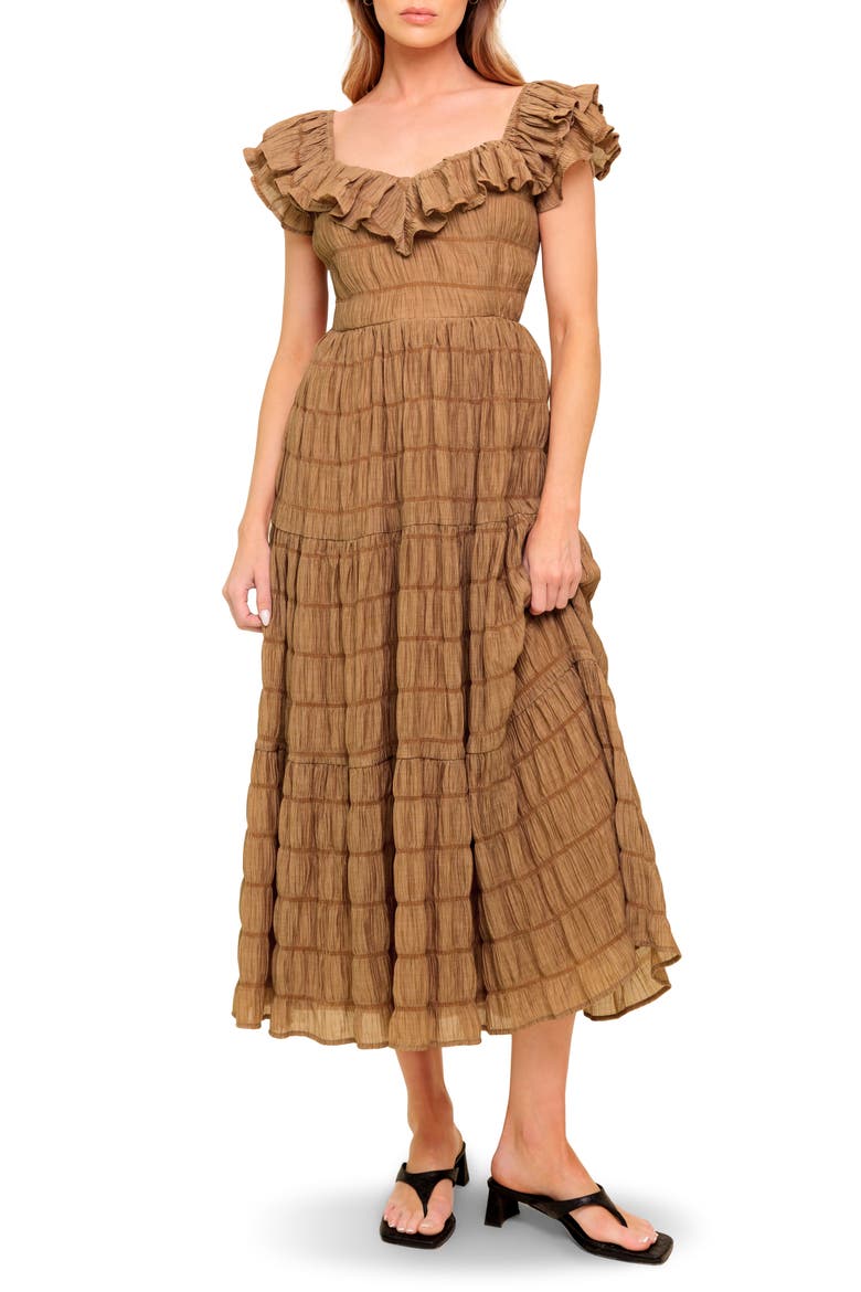 Ruffle Shoulder Midi Dress, Main, color, BROWN