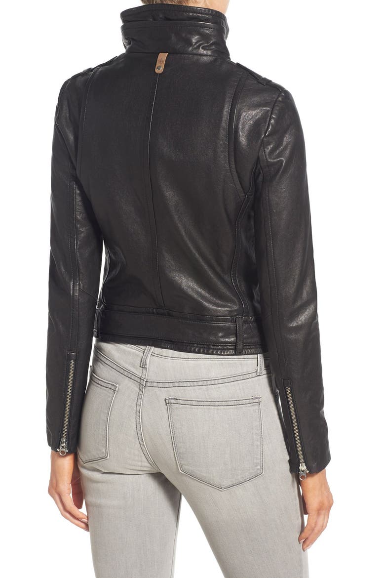 Hania Belted Leather Moto Jacket, Alternate, color, BLACK