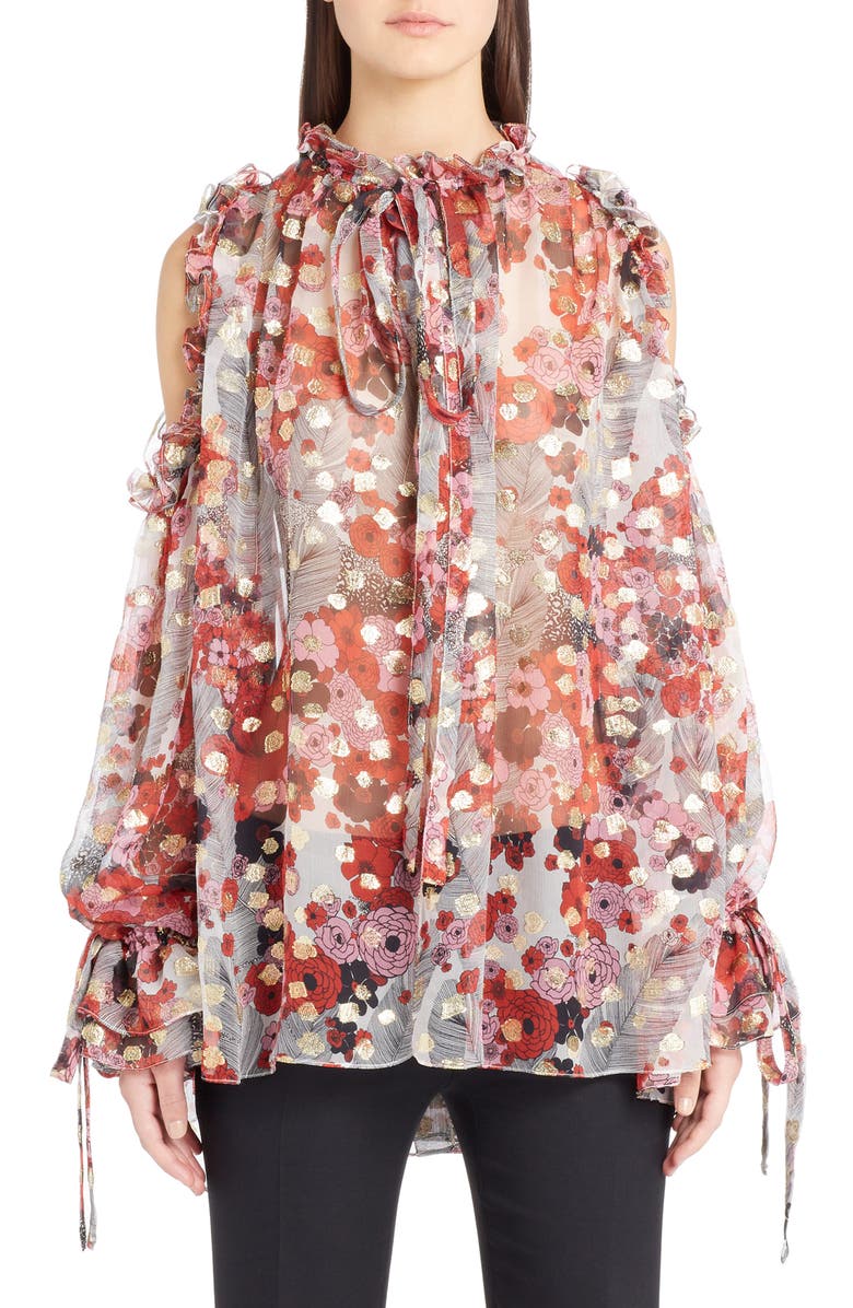 McQueen Alexander McQueen Feather Print Cold Shoulder Blouse, Main, color,