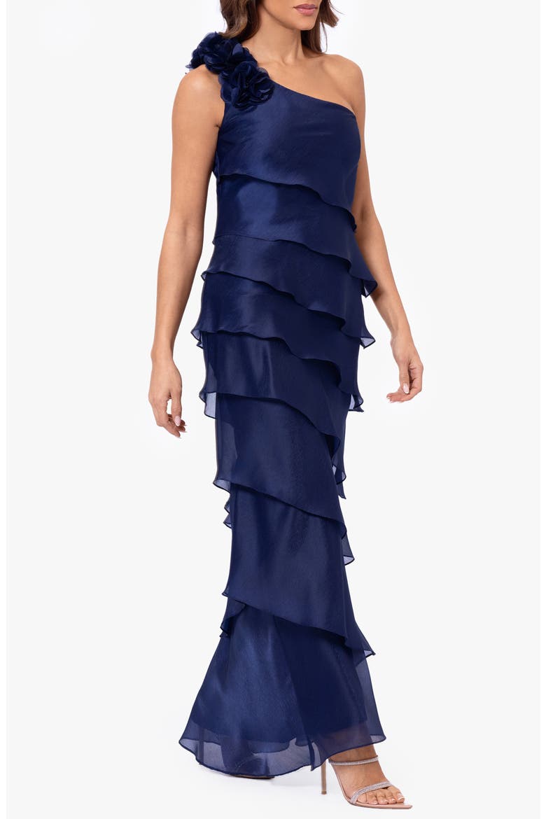 Ruffle One-Shoulder Tiered Charmeuse Gown, Alternate, color, NAVY