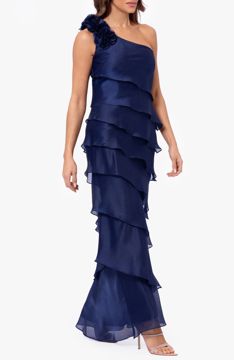 Xscape Evenings Ruffle One-Shoulder Tiered Charmeuse Gown, Alternate, color, Navy