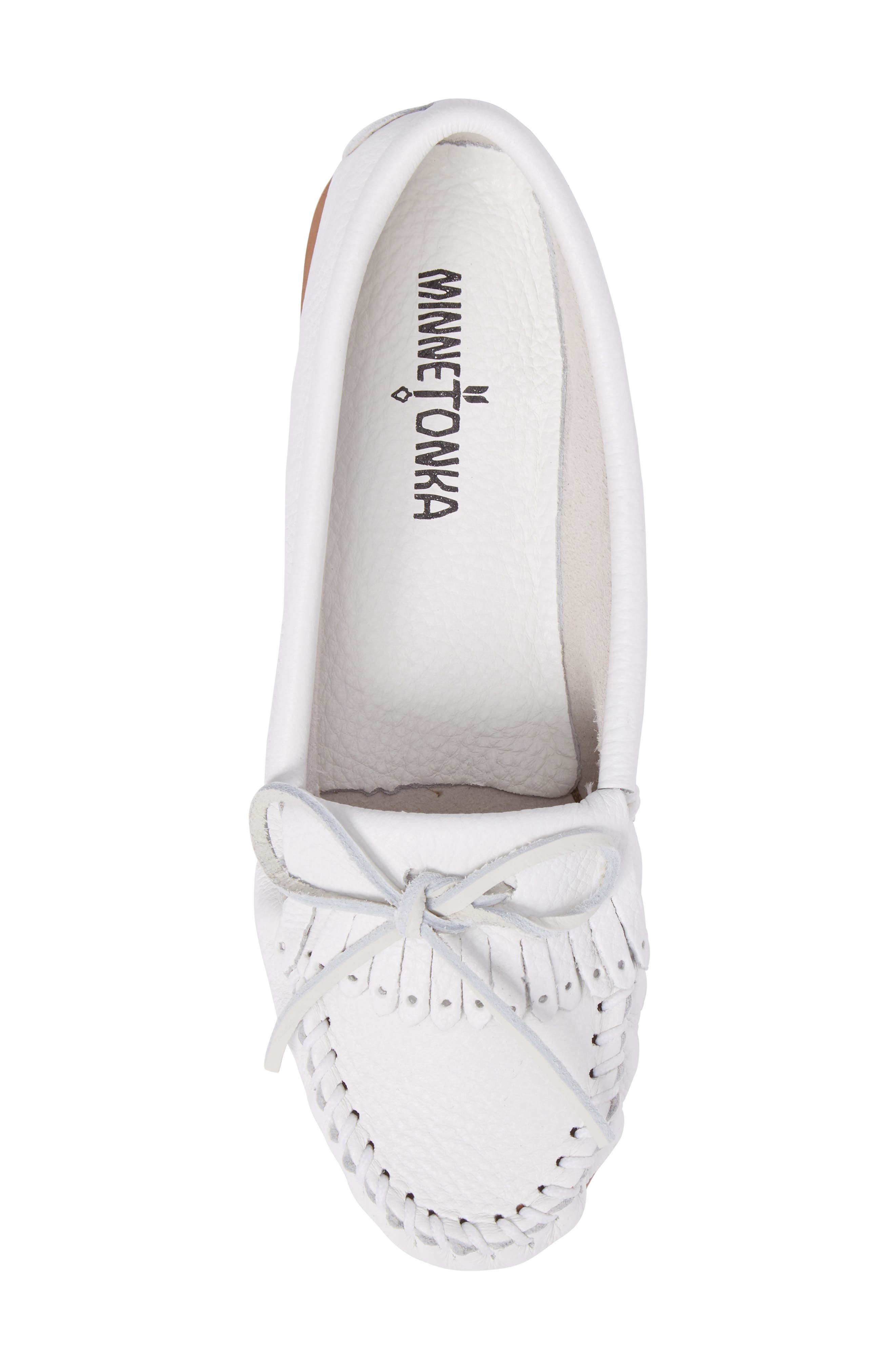 Minnetonka Kilty Driving Shoe, Alternate, color, White Leather