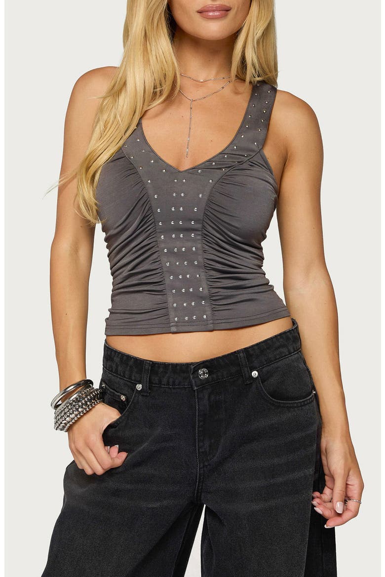 Whitt Studded Ruched Tank Top, Main, color, DARK-GRAY