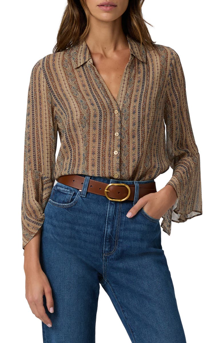 PAIGE Jasmeet Mixed Print Silk Button-Up Shirt, Main, color, Brown Multi