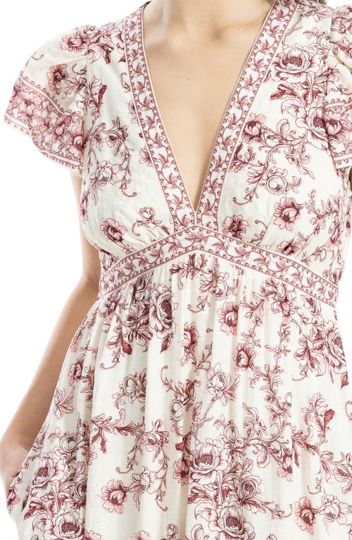 Max Studio Floral Flutter Sleeve Maxi Dress In Ecru/red Blooming