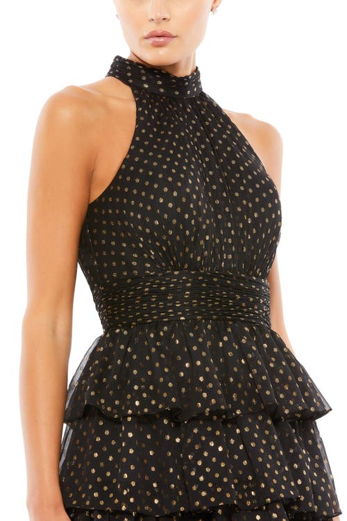 Mac Duggal High-neck Tiered Dotted Midi-dress In Black Gold