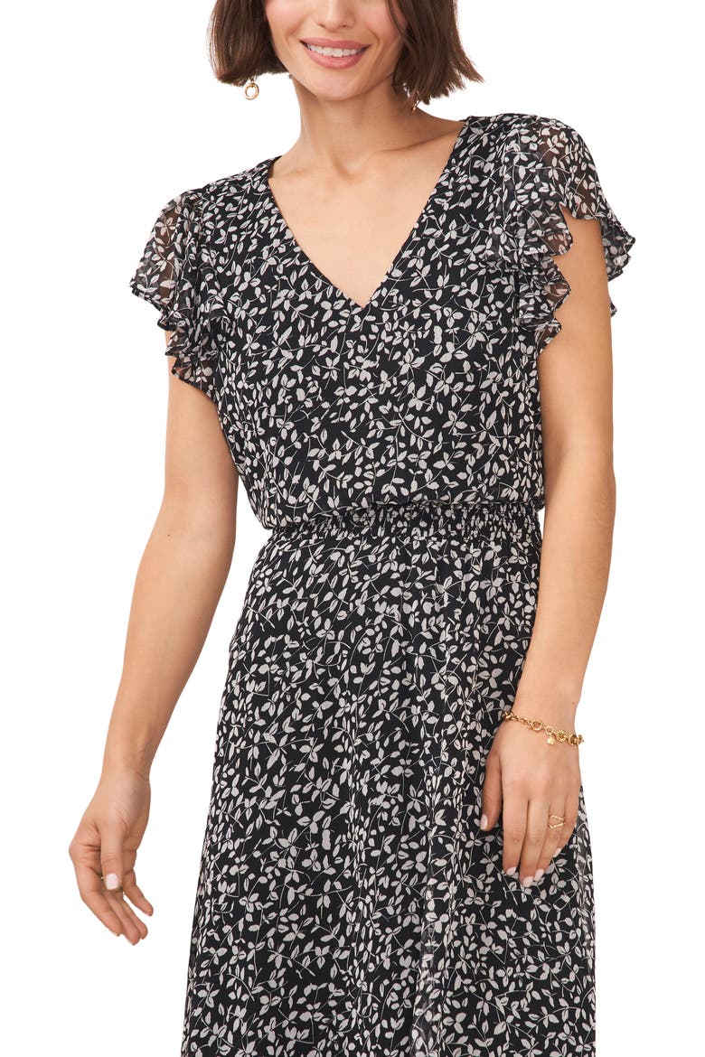 Smocked Waist Flutter Sleeve Midi Dress, Alternate, color, RICH BLACK