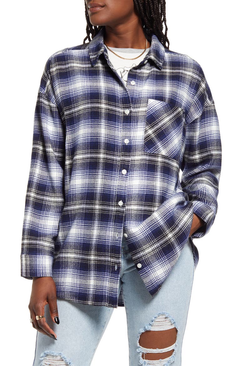 Boyfriend Plaid Shirt, Alternate, color, BLACK- NAVY WINDOW OMBRE